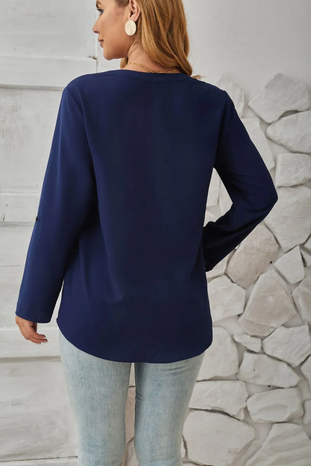 Decorative Button Notched Long Sleeve Blouse, image 6