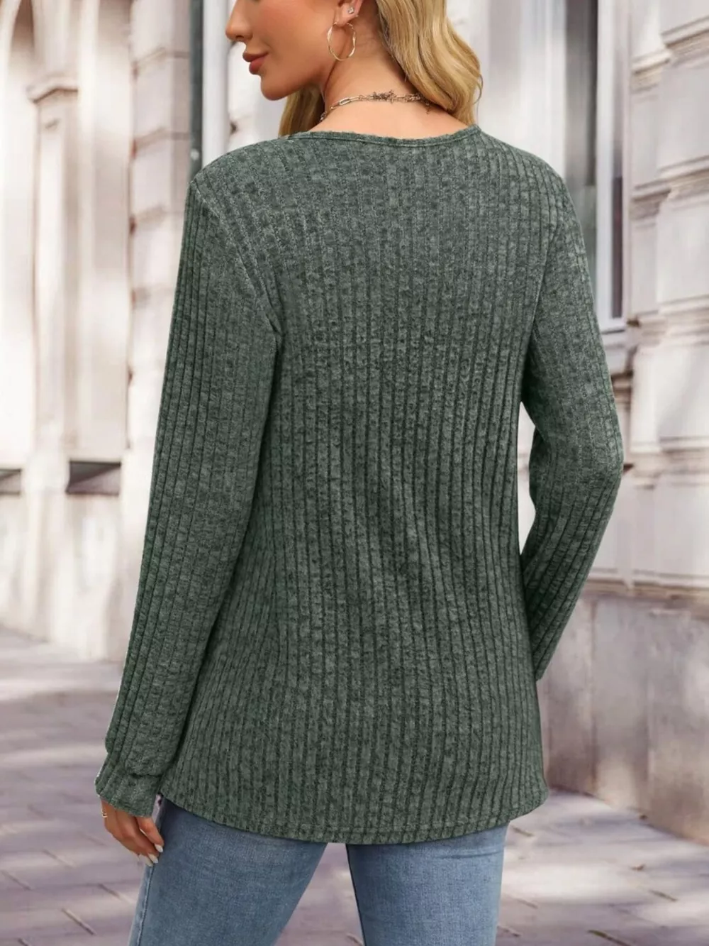 Ribbed Knit Button-Front Long Sleeve T-Shirt, image 19