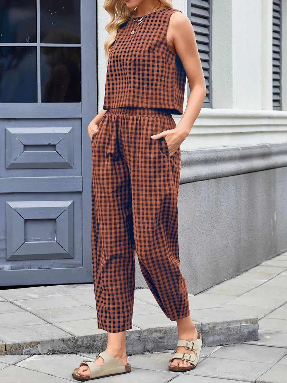 Plaid Round Neck Sleeveless Top and Pants Set, image 11