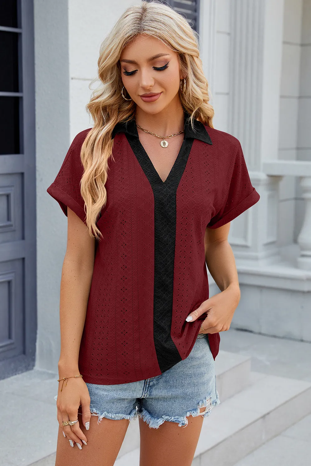 Eyelet Johnny Collar Short Sleeve T-Shirt, image 21