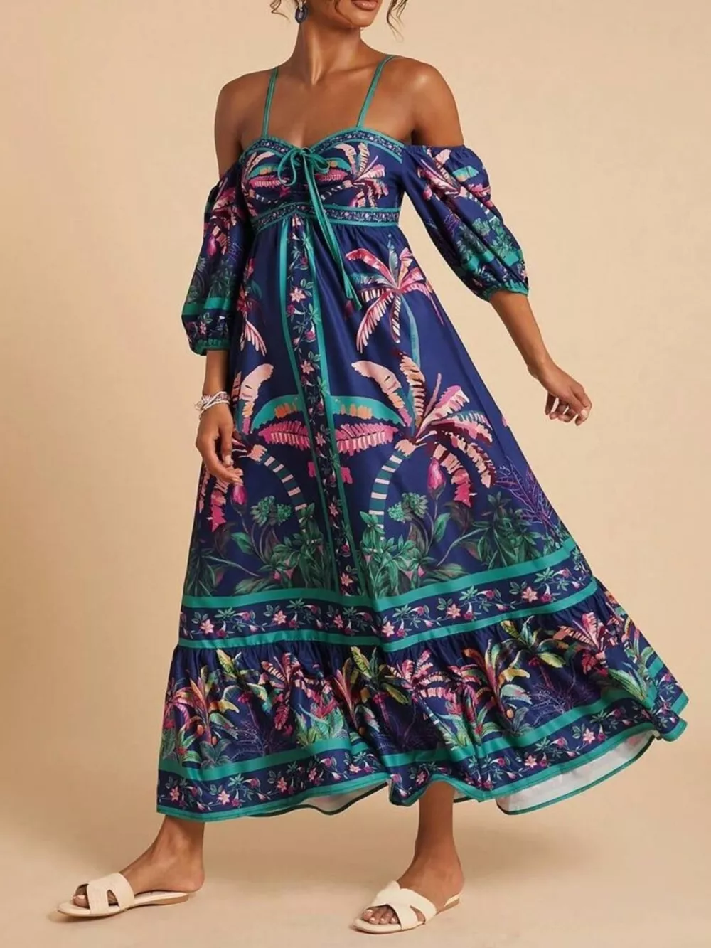 Tropical Print Spaghetti Strap Maxi Dress
