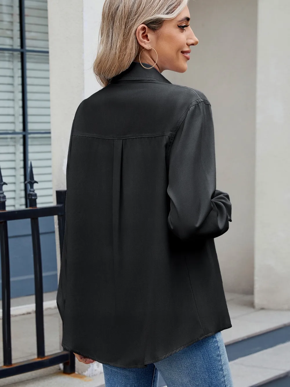 Solid Color Collared Neck Long Sleeve Shirt, image 12