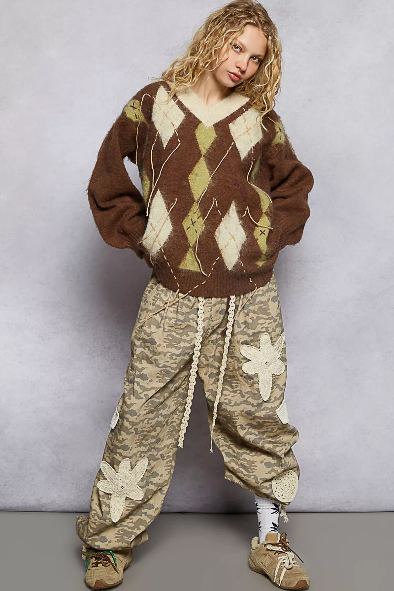 V-Neck Argyle Pattern Mohair Sweater with Contrast Exposed Stitch Detail, image 9