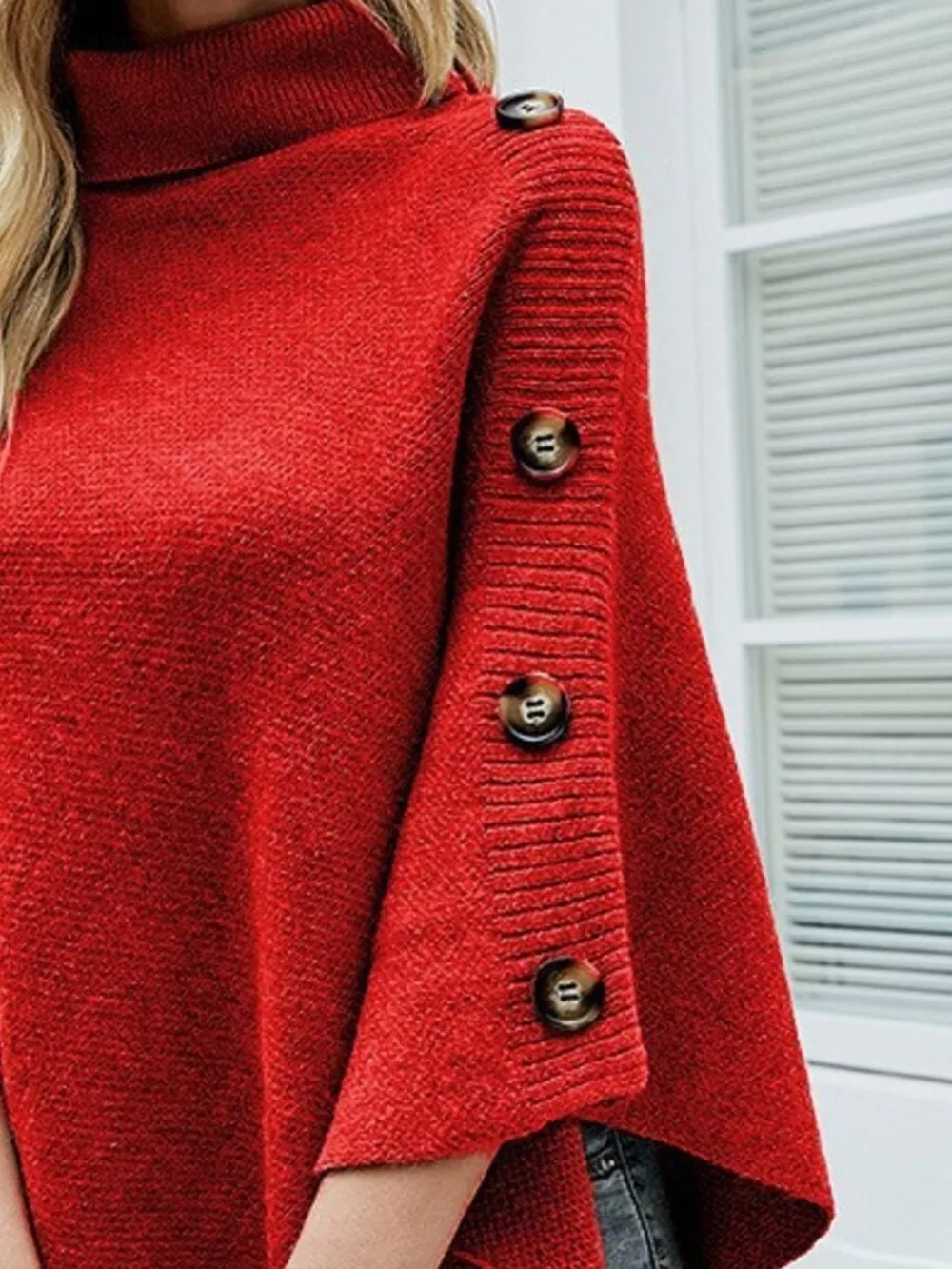 Button-Decor Turtleneck Poncho Pullover, image 7