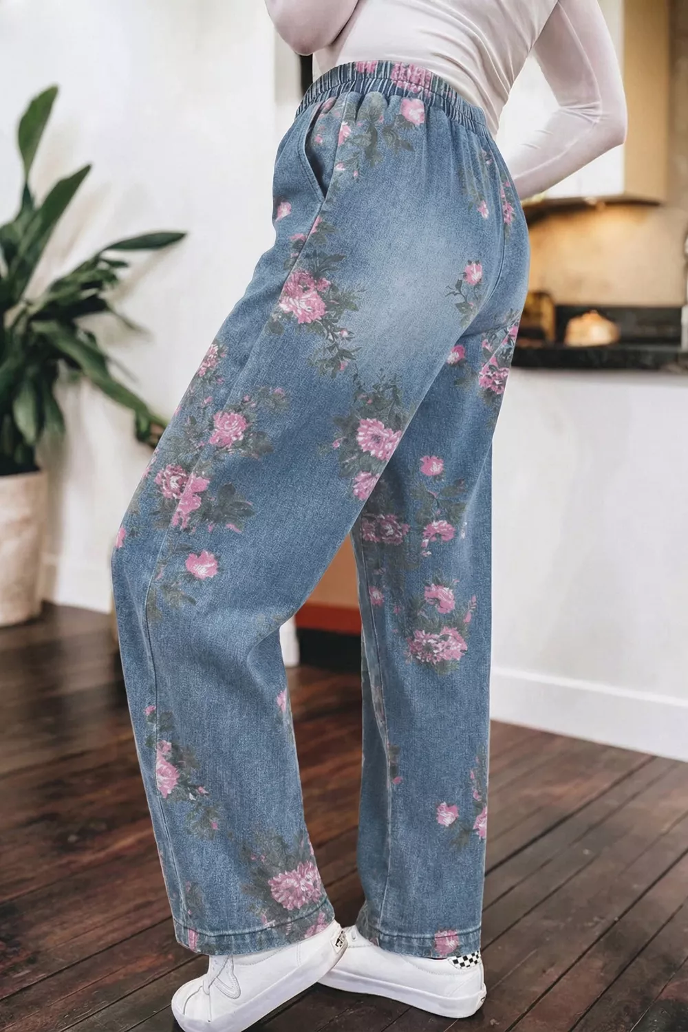 Floral Print Wide Leg Elastic Waist Jeans, image 6