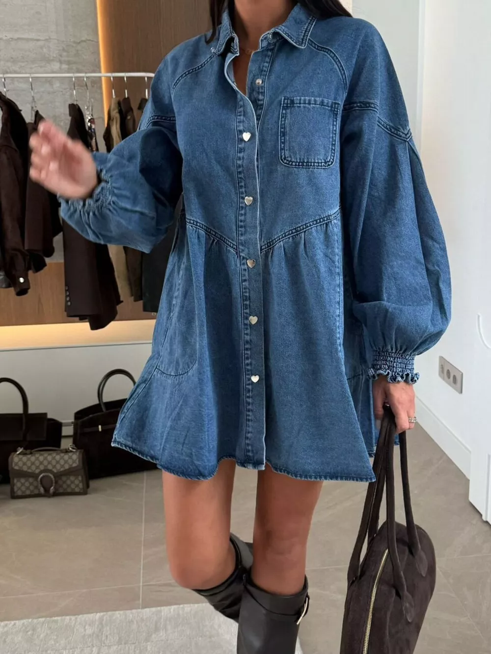 Button Down Mini Denim Dress with Front Pockets, image 9