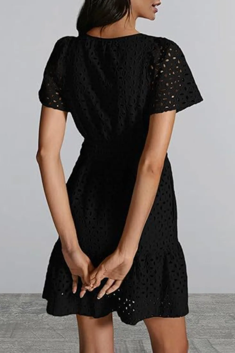 Eyelet Notched Short Sleeve Mini Dress, image 10