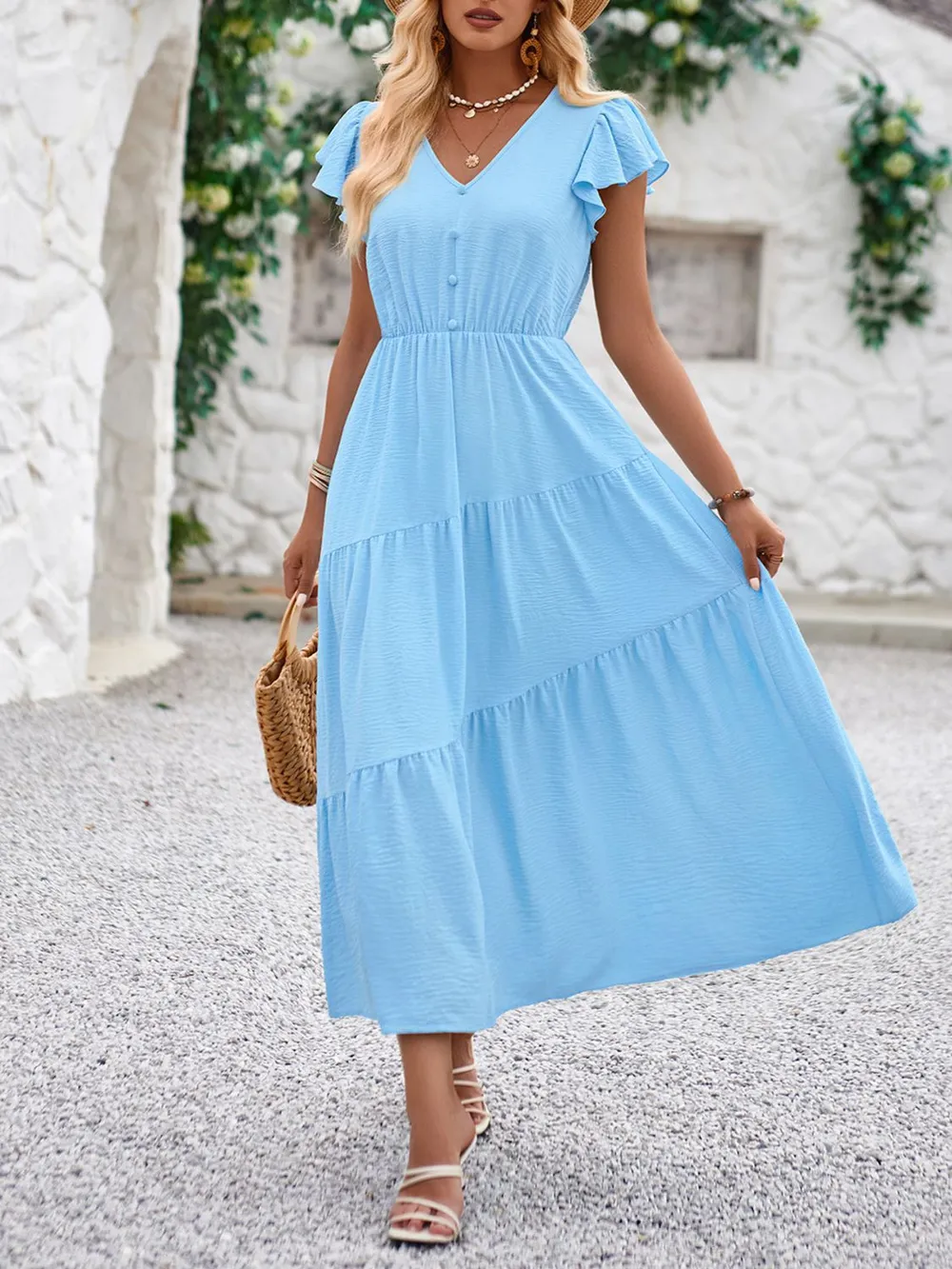 V-Neck Ruffle Sleeve Dress, image 8