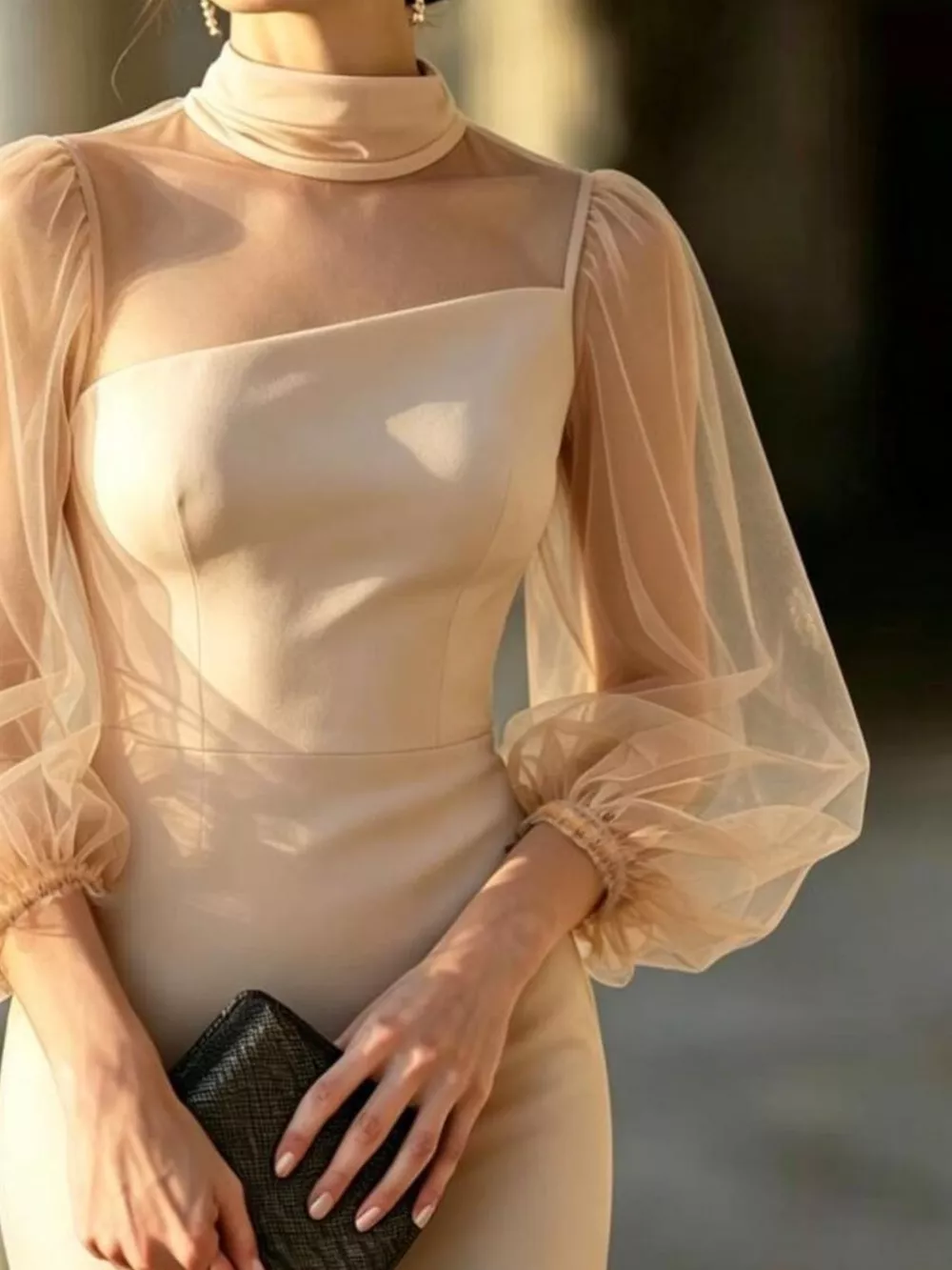 Mock Neck Sheer Puff Sleeve Bodycon Dress, image 3