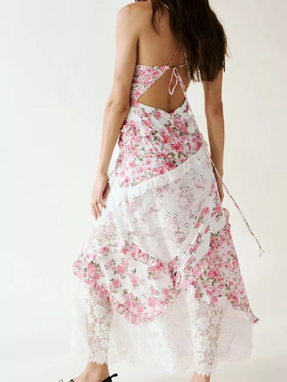 Lace Detail Ruffled Floral V-Neck Maxi Dress, image 9