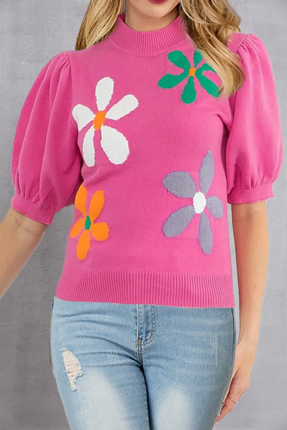 Flower Mock Neck Short Sleeve Sweater, image 3