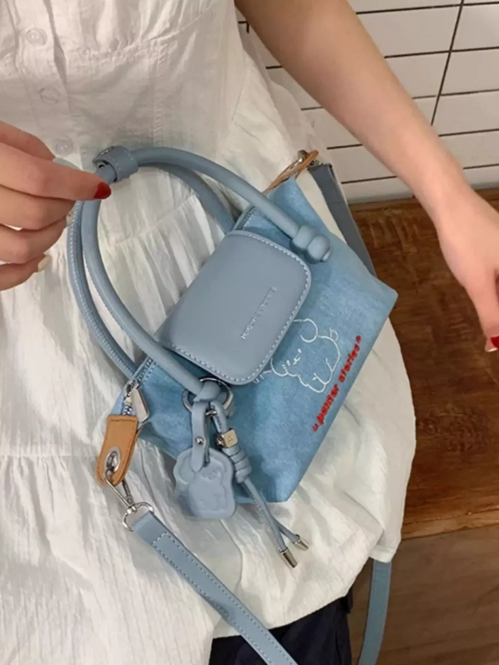 Puppy Embroidered Denim Handbag, image 2