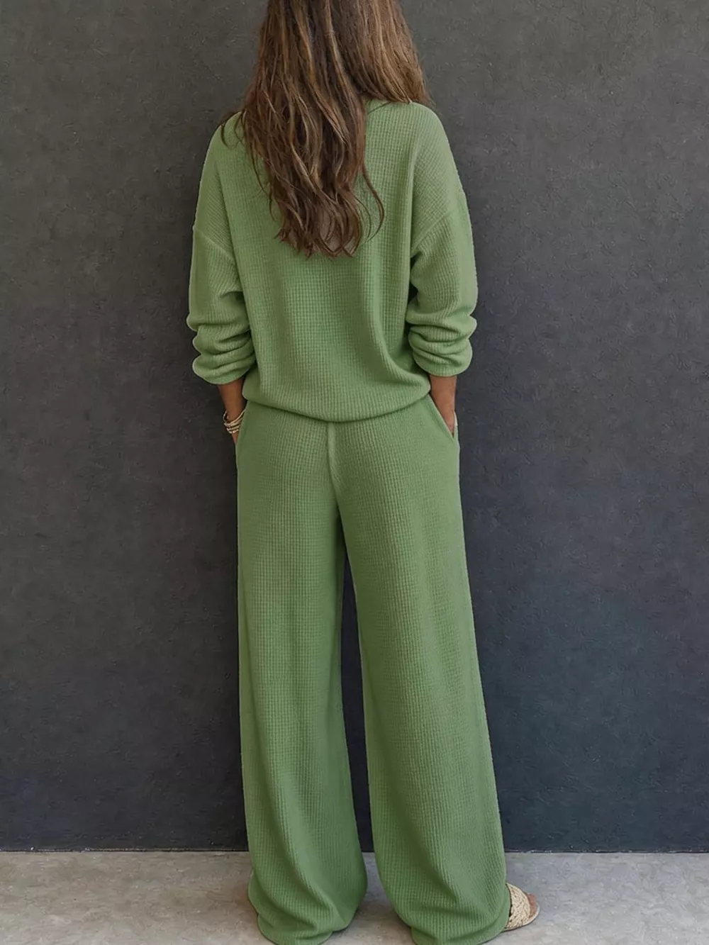 Waffle Knit Henley Top and Wide Leg Pants Set, image 15