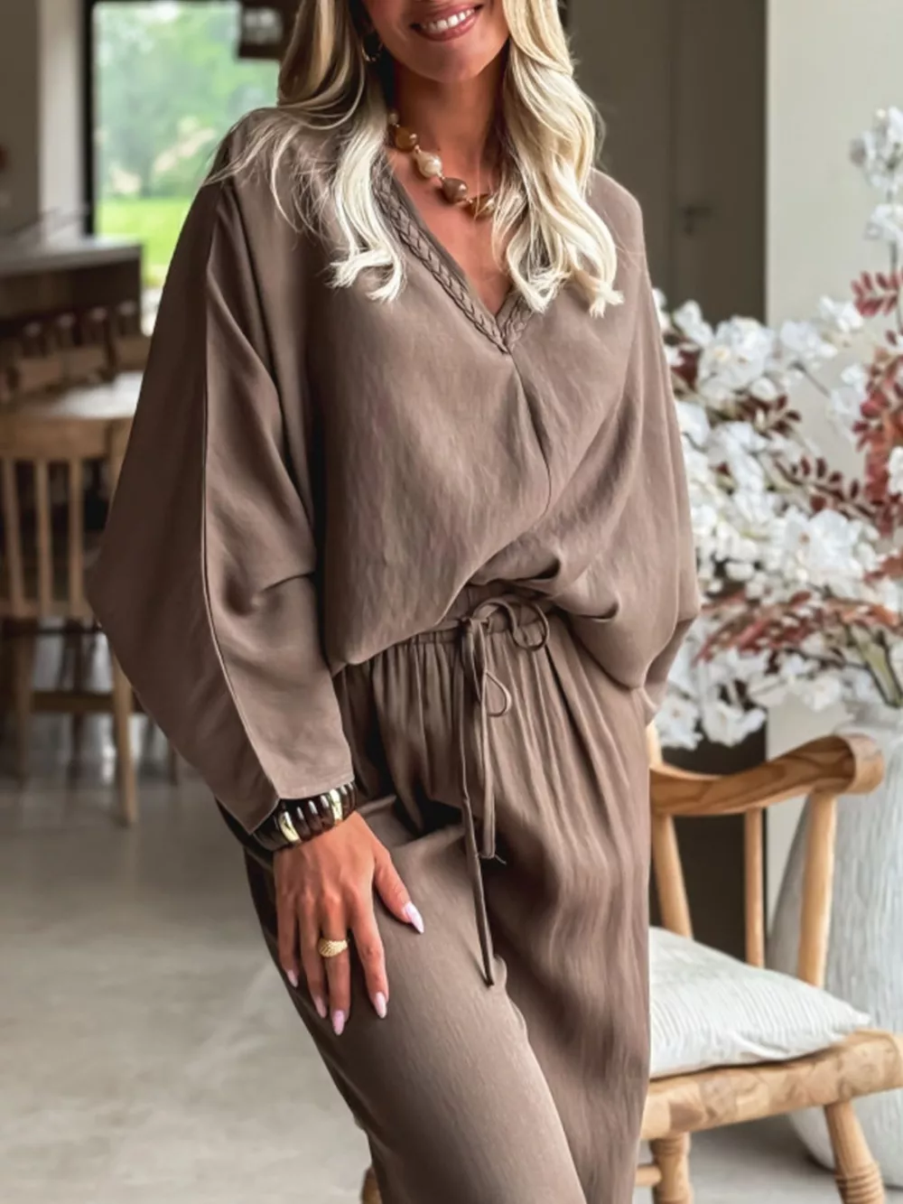 Braided V Neck Long Sleeve Loose Top and Drawstring High Waist Pants 2pcs Outfit, image 6