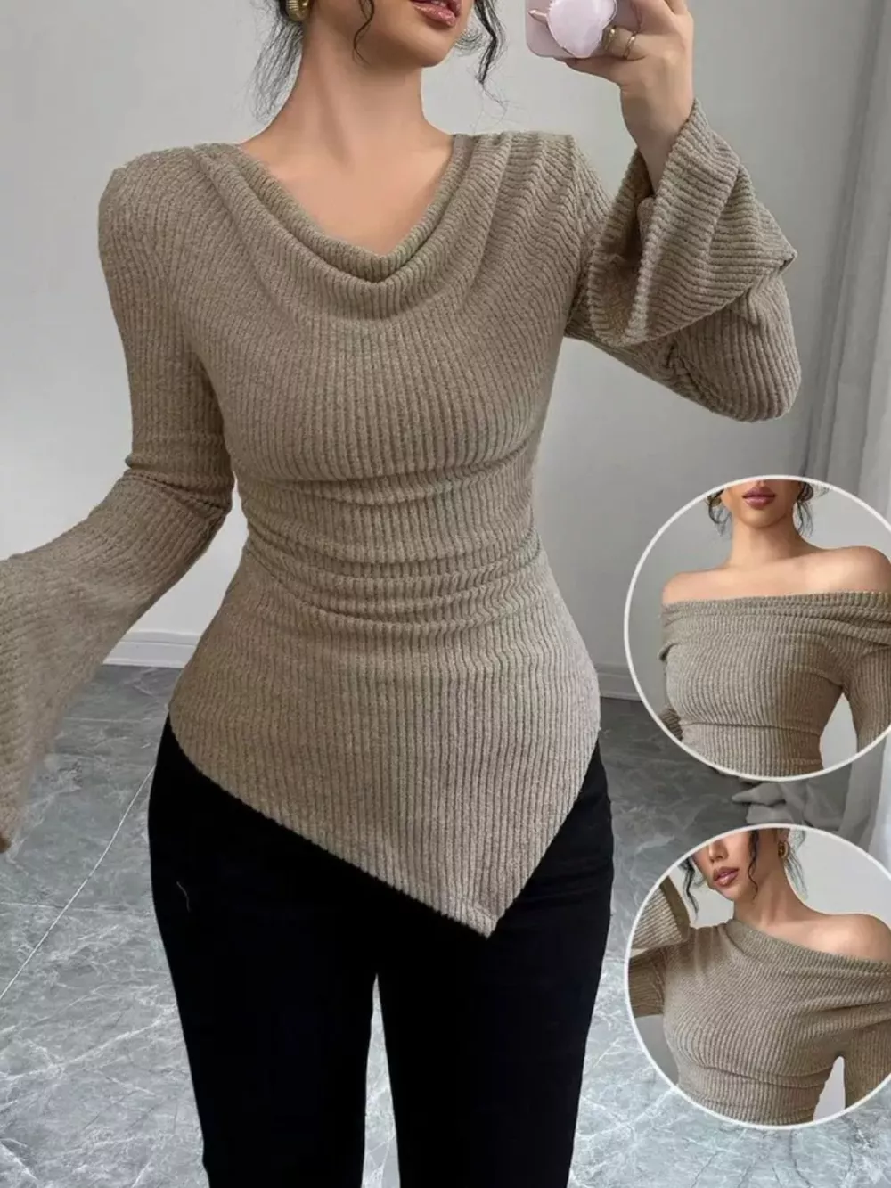 Off-Shoulder Bell Sleeve Ribbed Blouse, image 5
