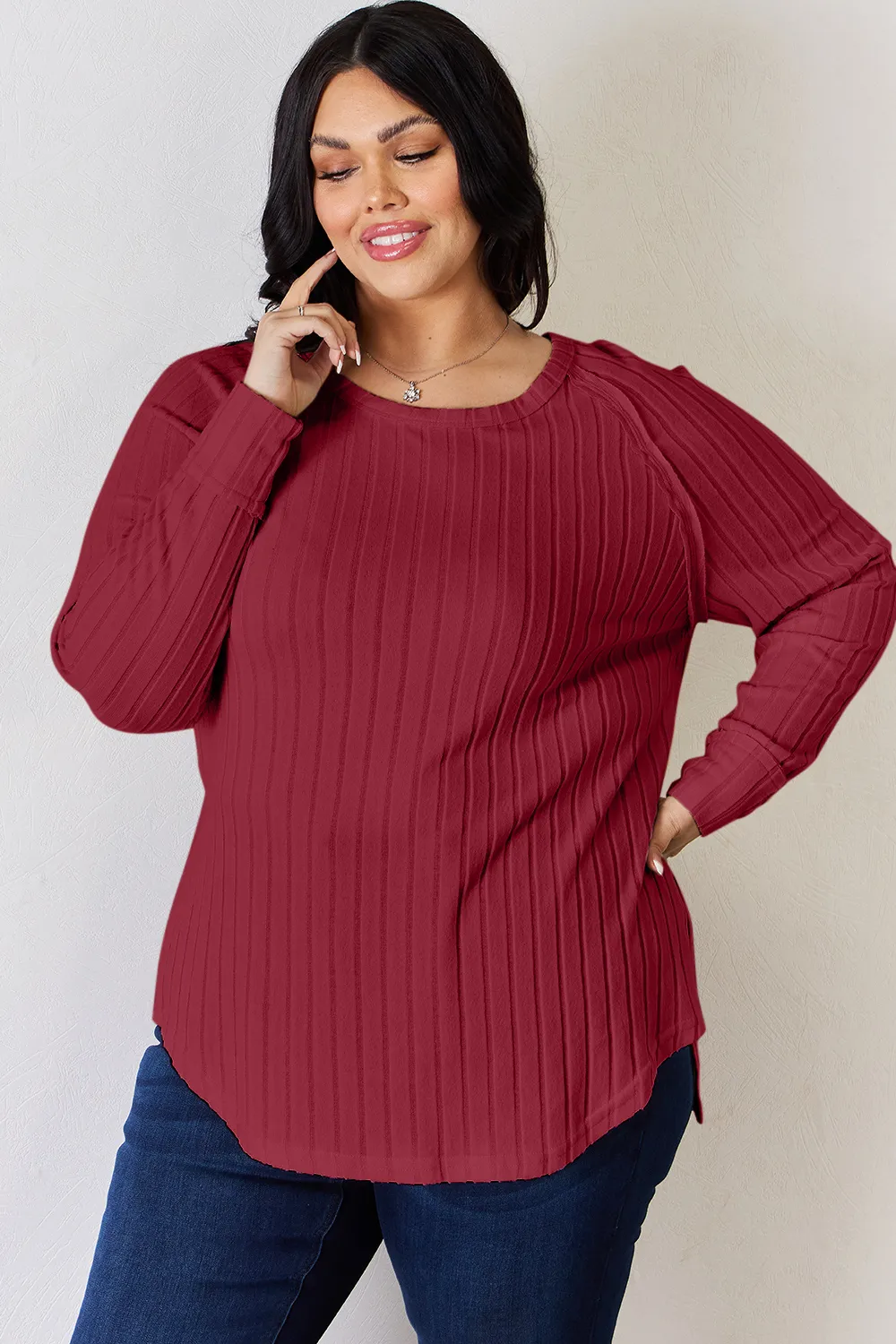 Full Size Ribbed Round Neck Slit T-Shirt, image 19