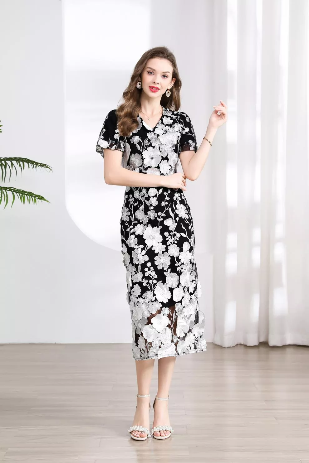 Floral Embroidered Puff Sleeve Midi Dress, image 24