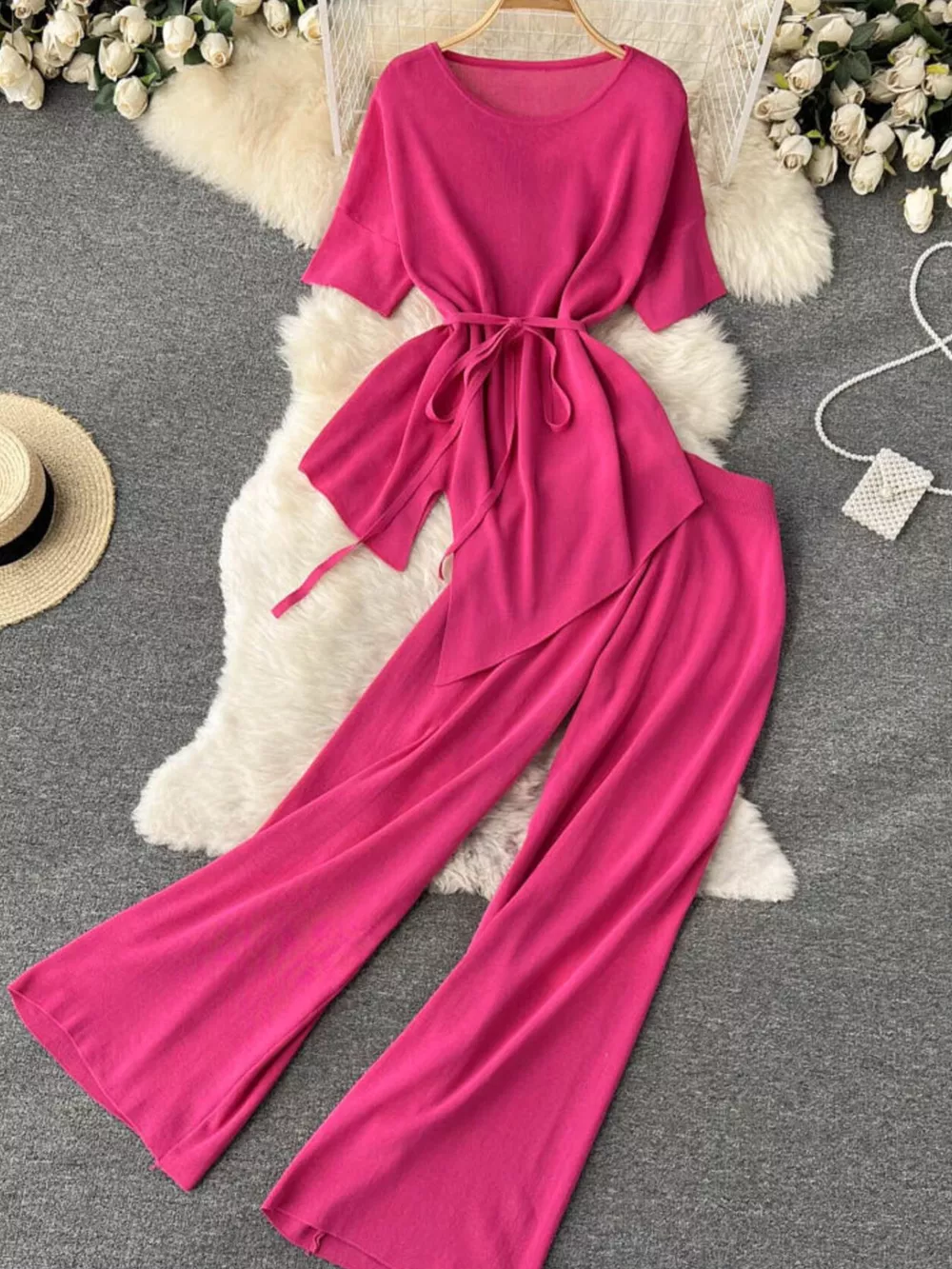 Short Sleeve Top and Wide Leg Pants Set, image 2