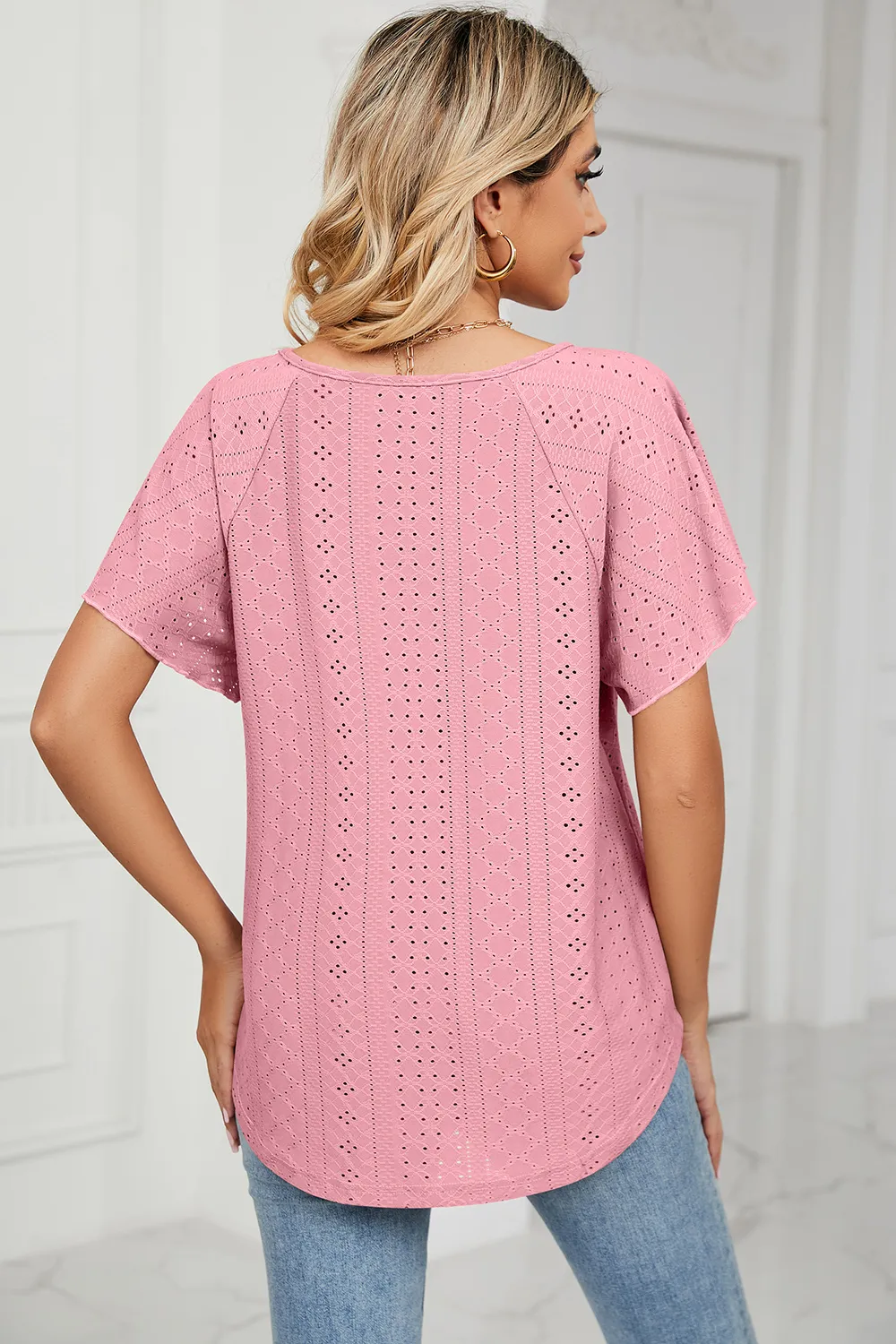 Eyelet Tie Neck Flutter Sleeve Blouse, image 11