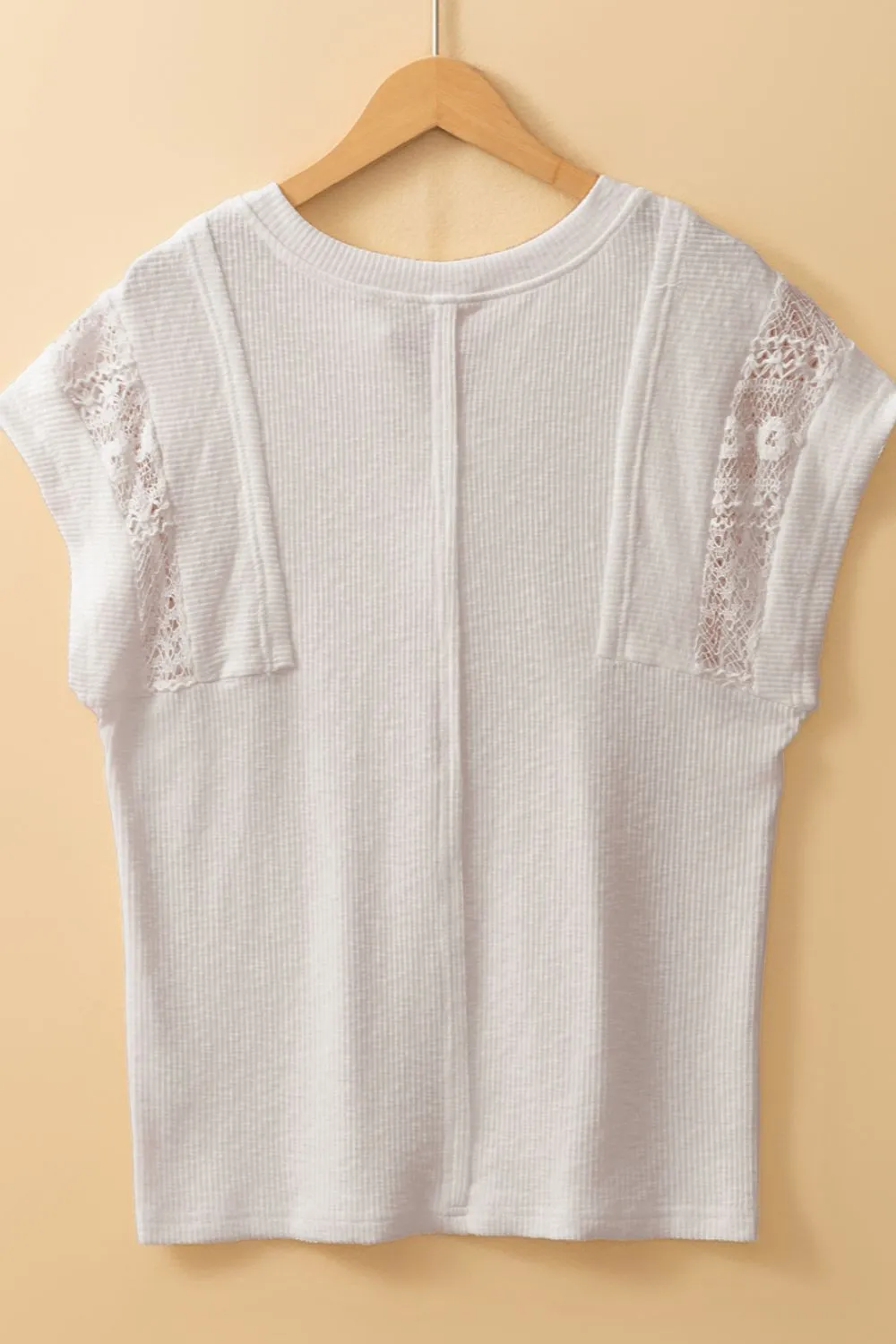 Ribbed Texture Lace Patchwork Short Sleeve Top, image 5