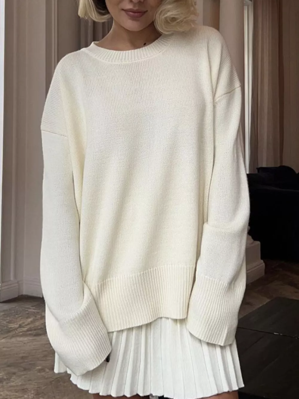 Round Neck Top and Pleated Skirt Sweater Set, image 4