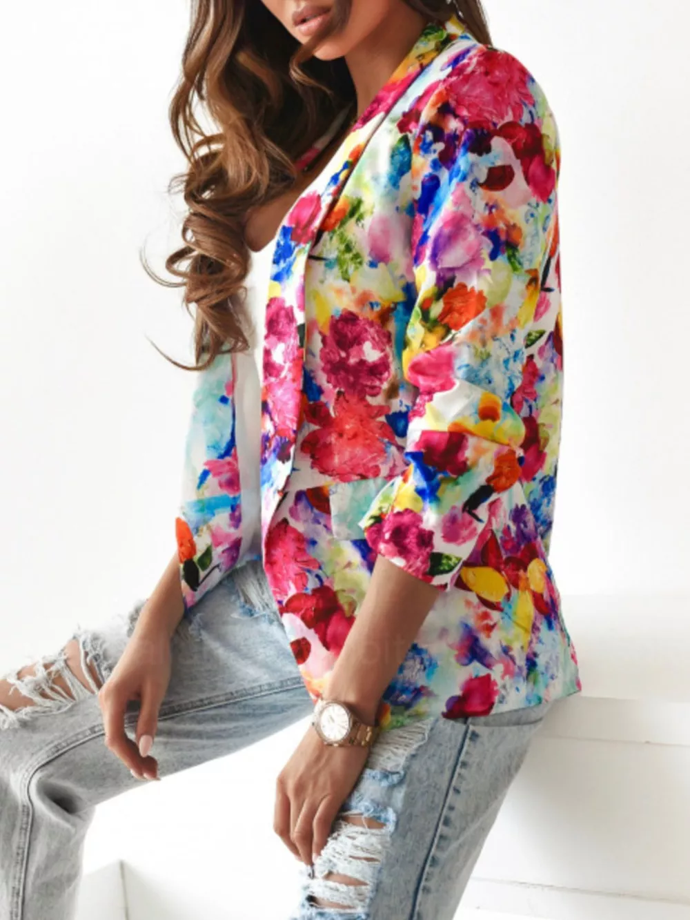 Vibrant Floral Print Open Front Blazer, image 13