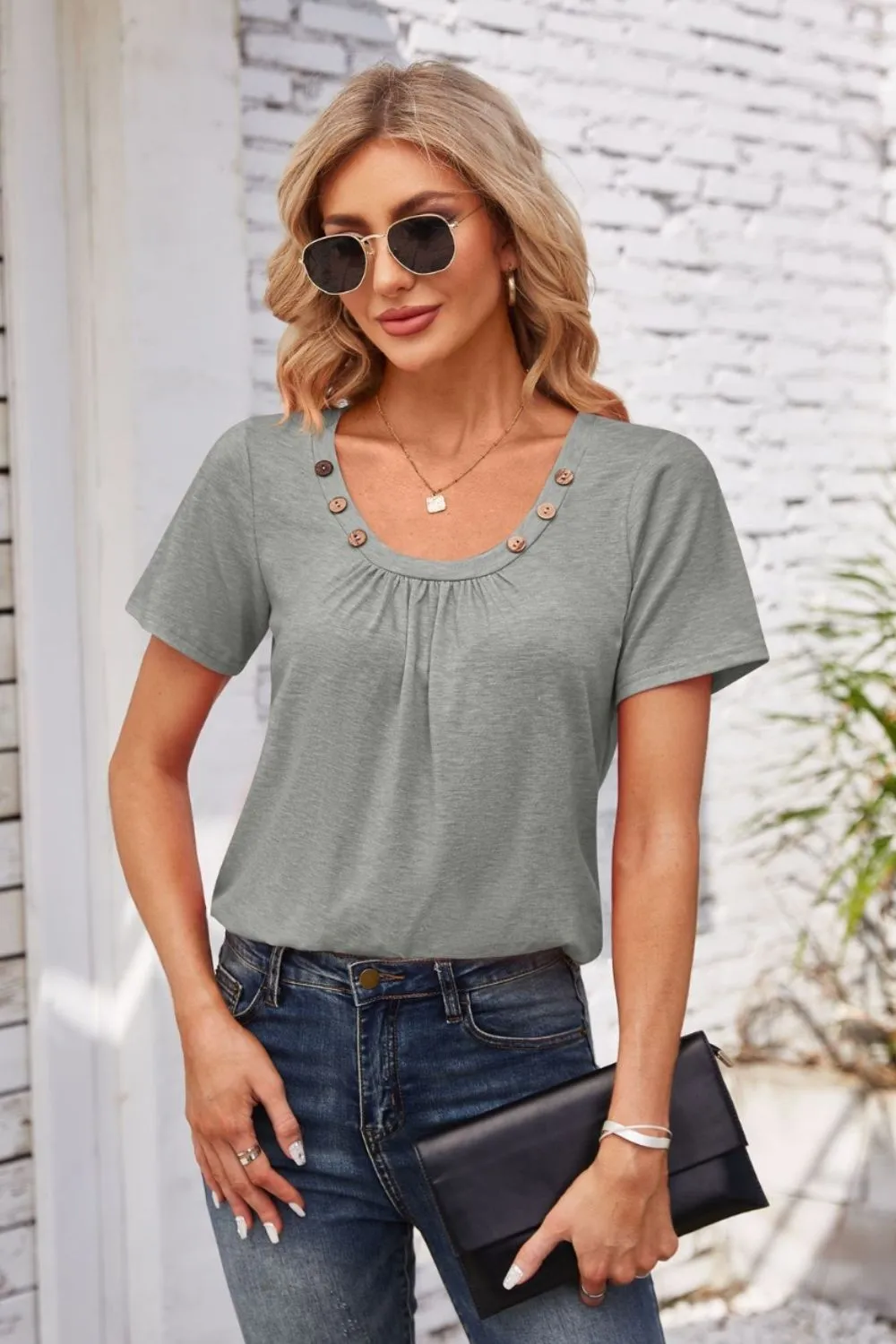 Decorative Button Scoop Neck T-Shirt, image 17