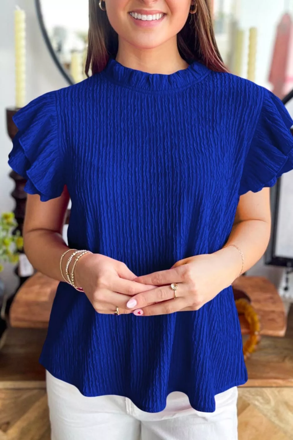 Solid Color Textured Ruffle Trim Short Sleeve Blouse, image 3