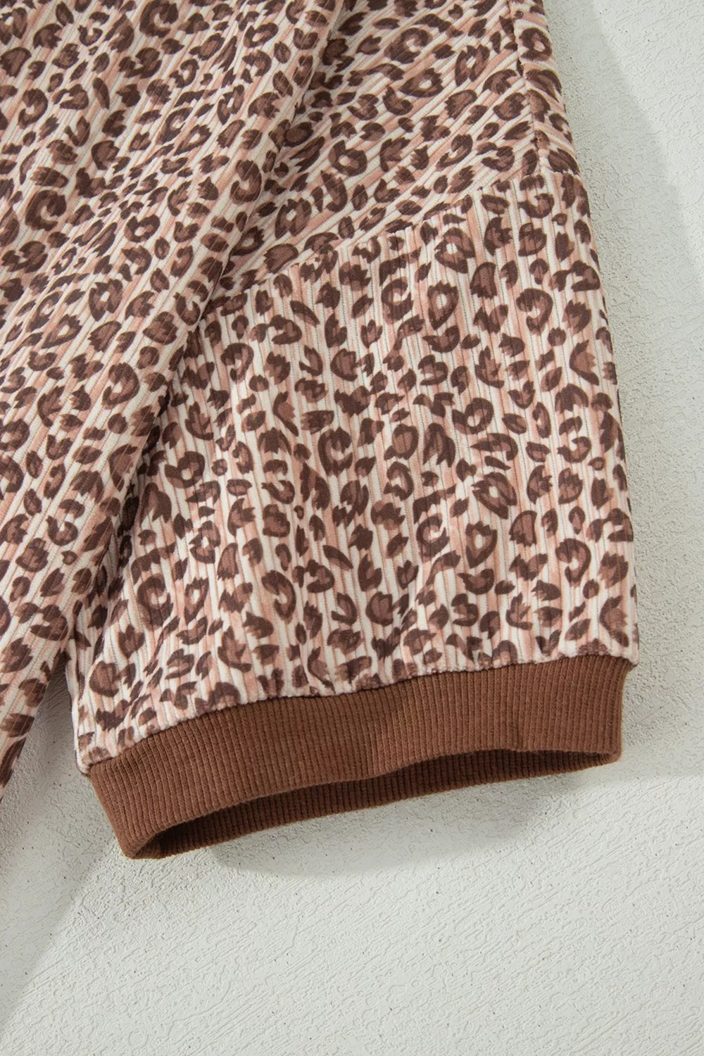 Leopard Print Ribbed Patchwork Half Button Loose Tee Elastic Waist Short 2pcs Set, image 8