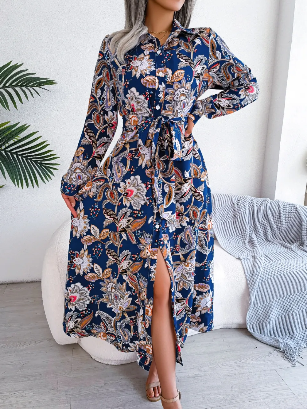 Tied Printed Long Sleeve Midi Dress, image 2