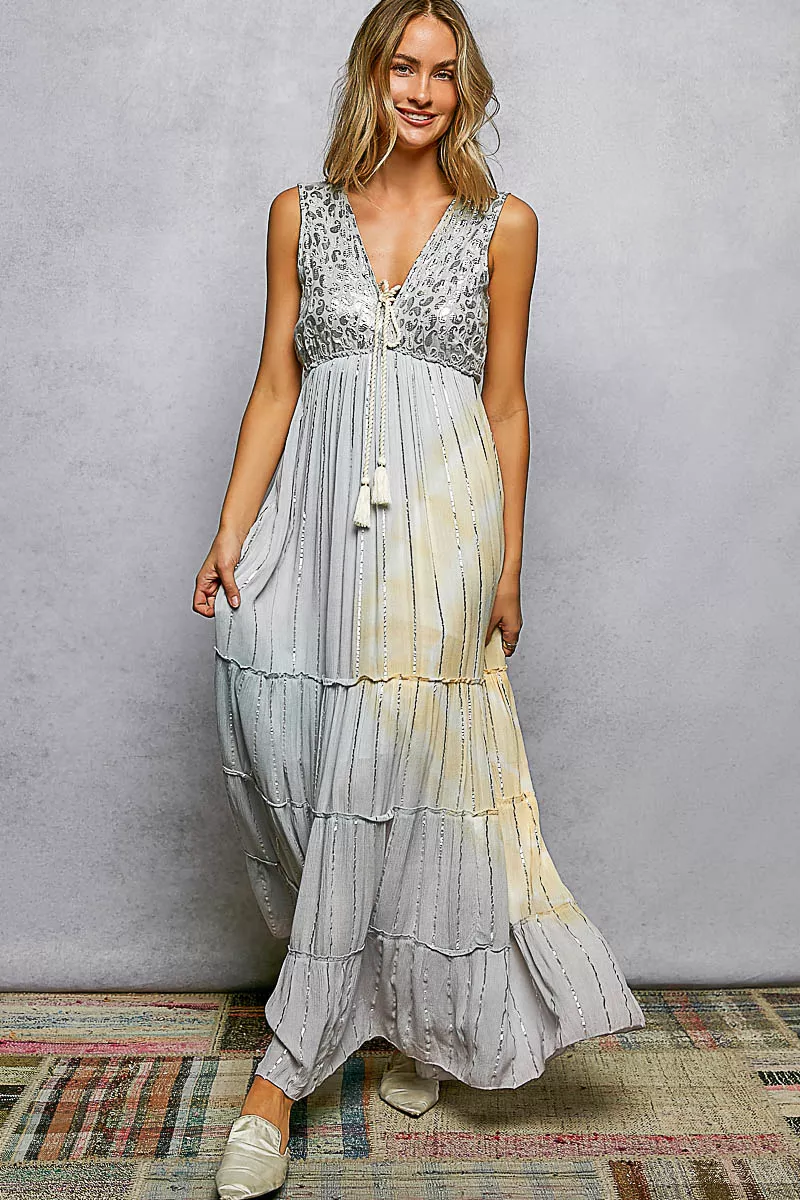 POL Deep V Sleeveless Cotton Bohemian Tiered Maxi Dress, image 2