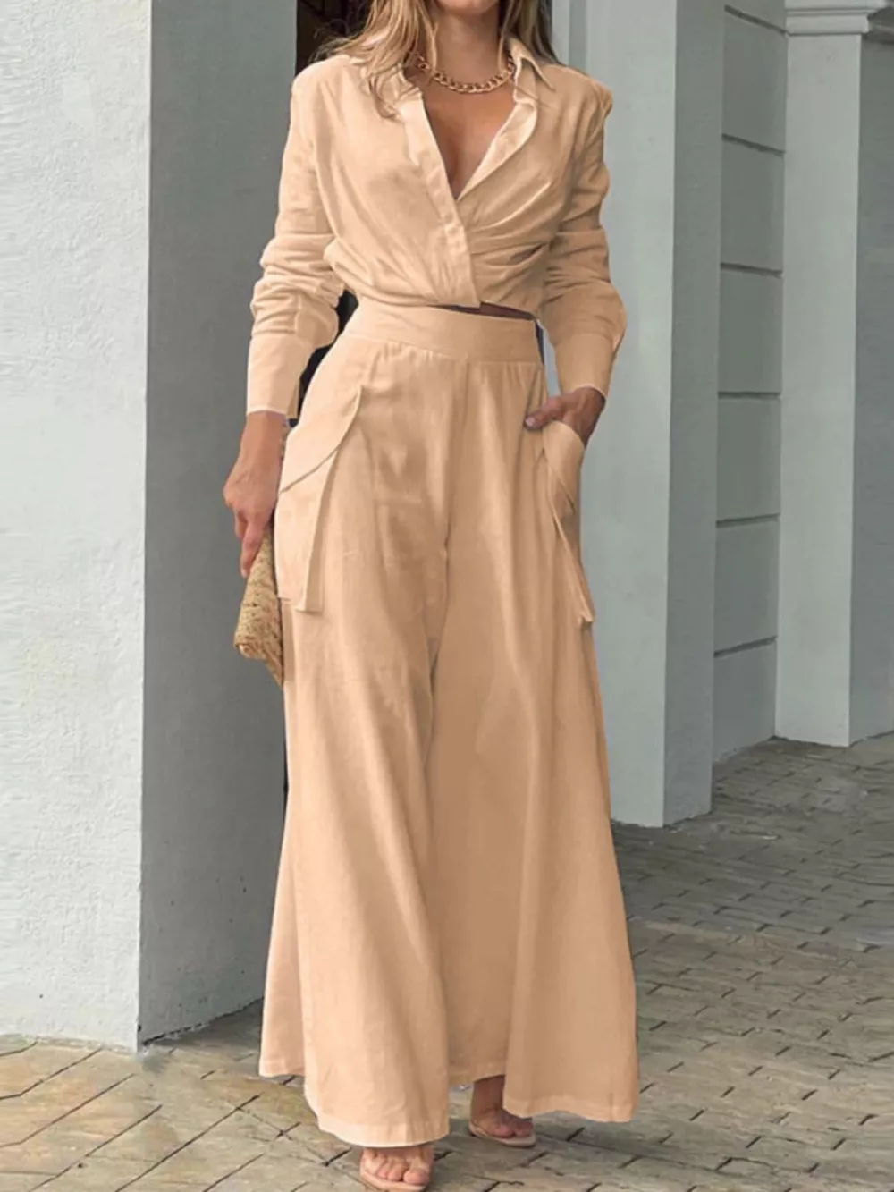 Long Sleeve Shirt and Wide Leg Pants Set, image 5