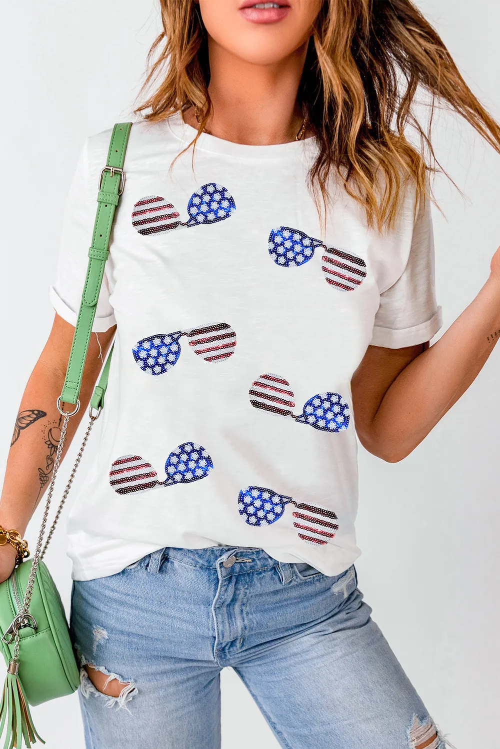 Sequin Round Neck Short Sleeve T-Shirt, image 4