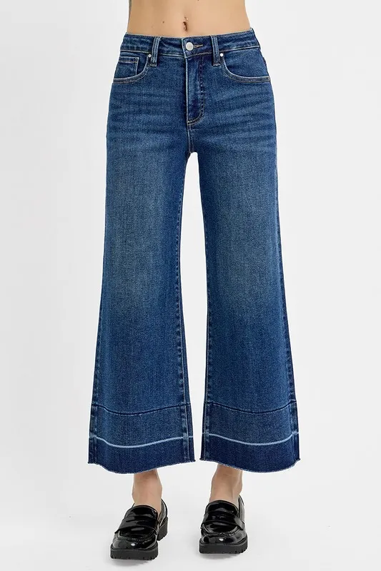 Full Size Tummy Control High Rise Crop Wide Hem Jeans Plus Size