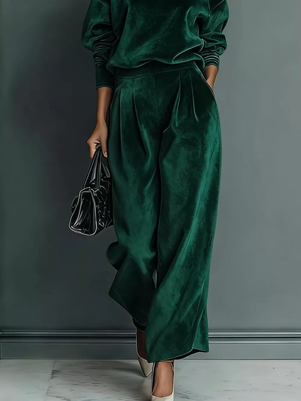 Full Size Elegant Velvet Mock Neck Long Sleeve Top and Wide-Leg Pants Set Plus Size, image 7