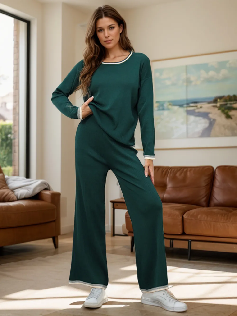 Contrast Trim Round Neck Top and Pants Sweater Set, image 2