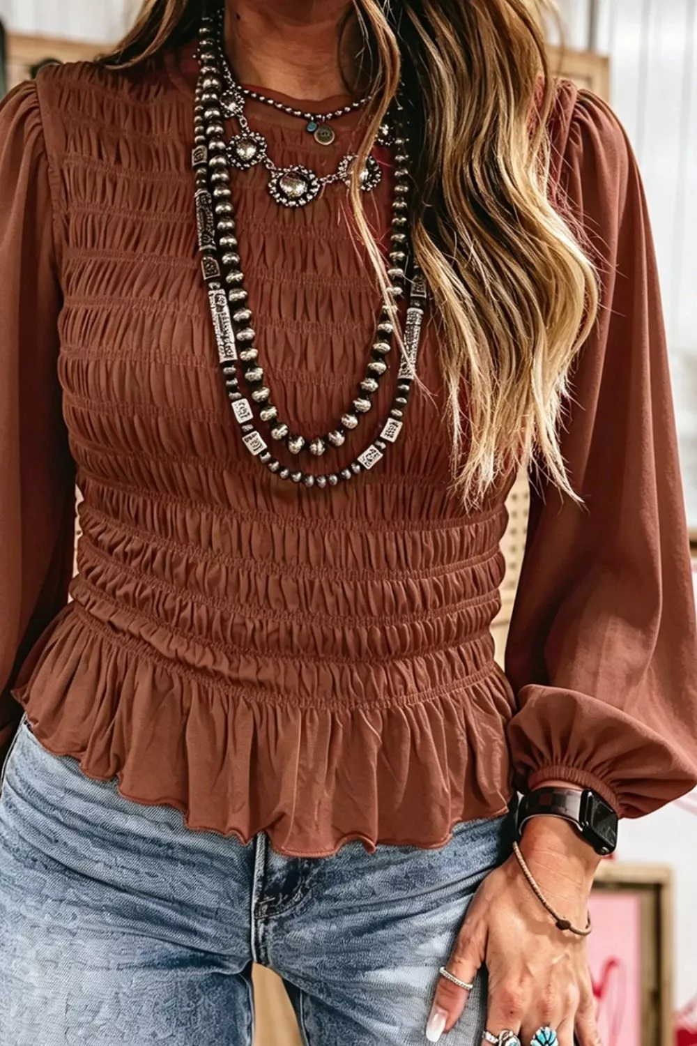 Smocked Balloon Sleeve Peplum Blouse, image 6