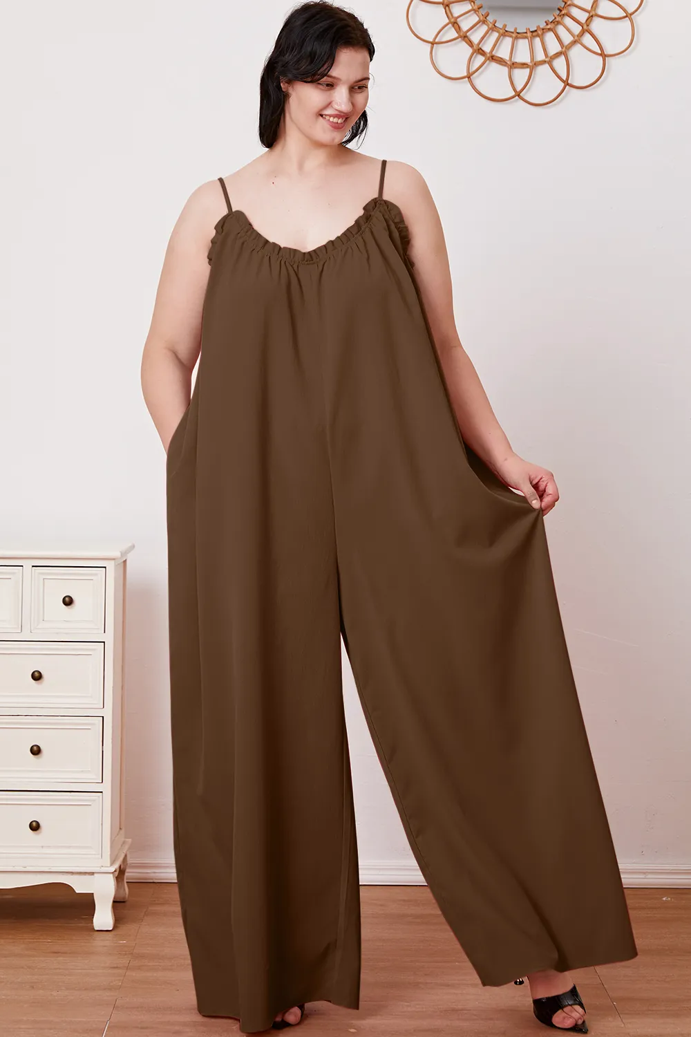 Full Size Ruffle Trim Tie Back Cami Jumpsuit with Pockets, image 8