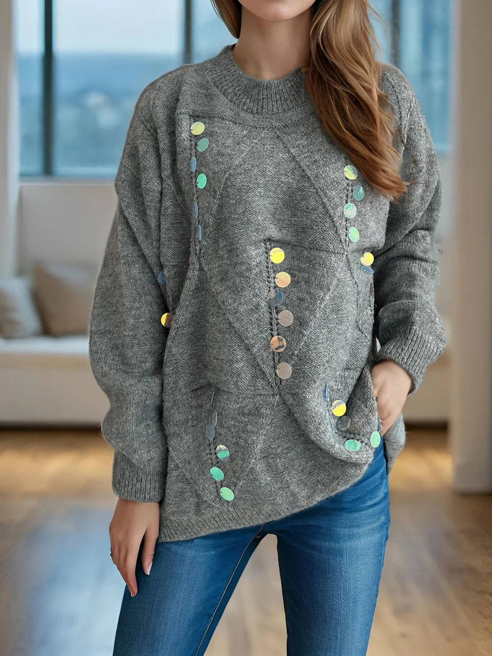 Sequin Mock Neck Long Sleeve Sweater, image 2