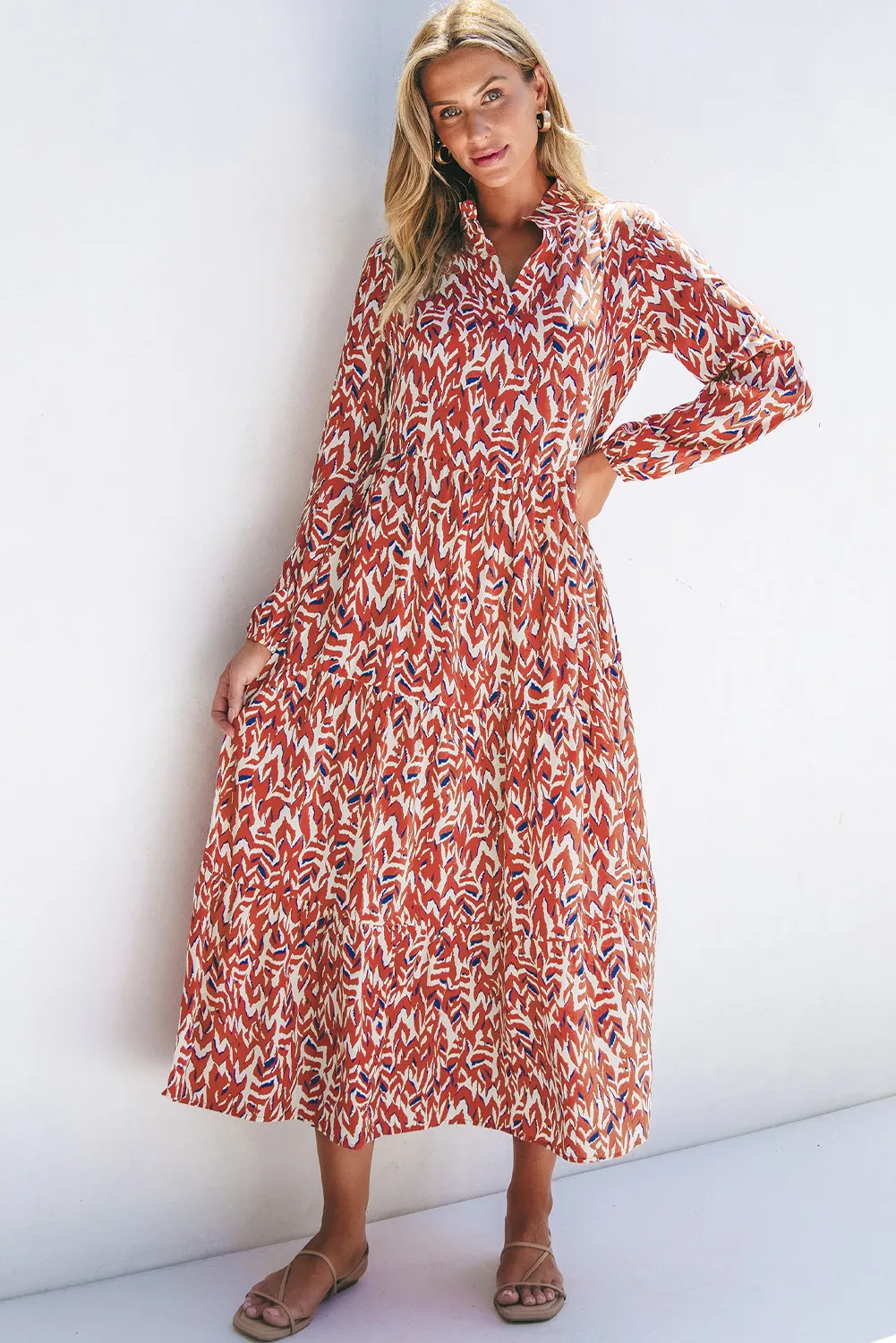 Printed Notched Long Sleeve Dress, image 3