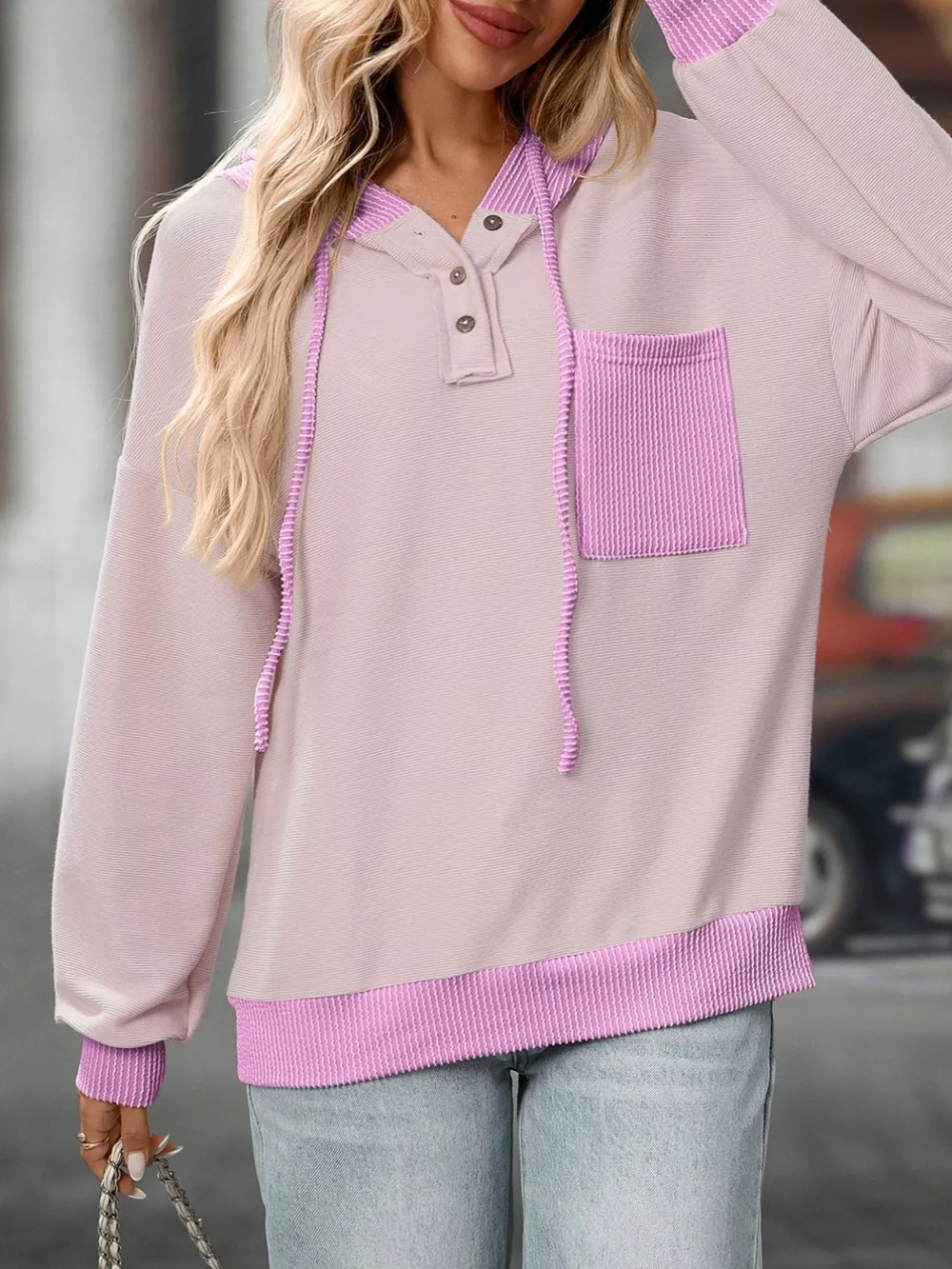 Casual Color Block Button Detail Hoodie, image 5