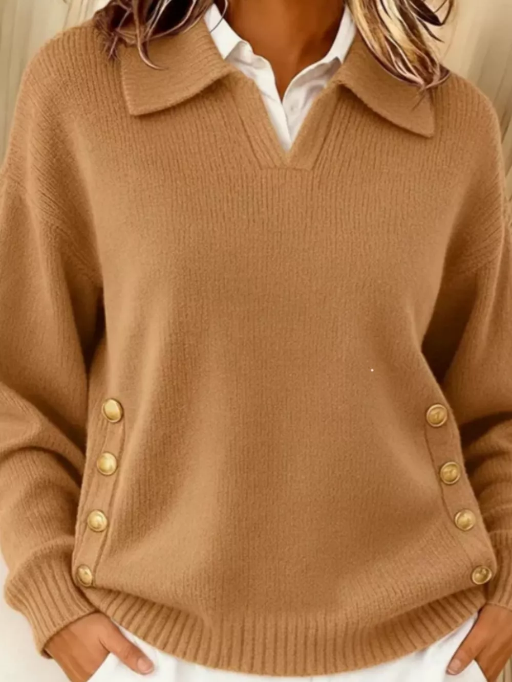 Full Size Decorative Button Dropped Shoulder Sweater Plus Size, image 11