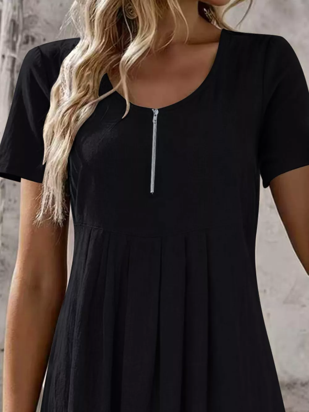 Zipper-Front Short Sleeve A-Line Dress, image 5