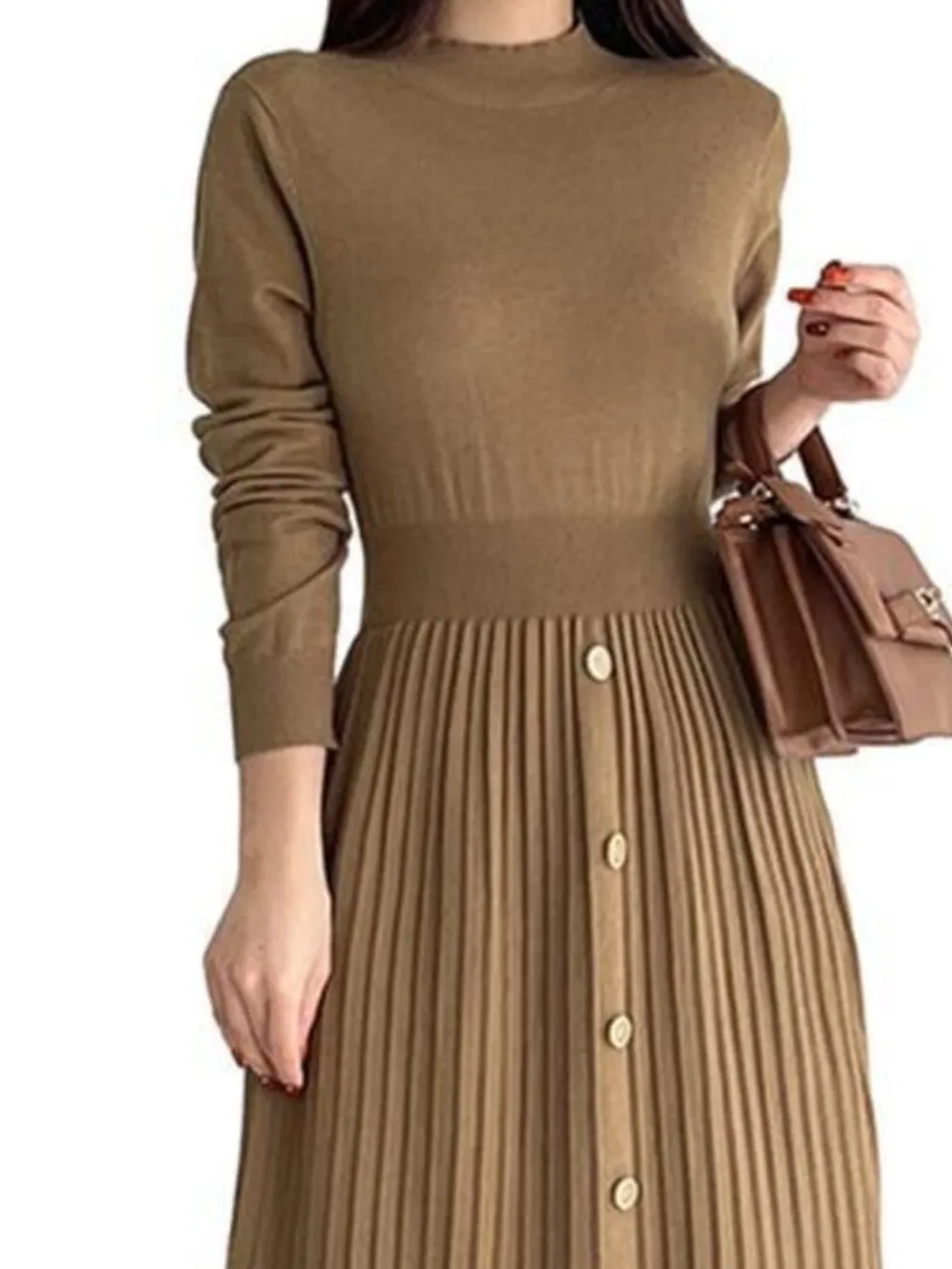 Slit Front Mock Neck Long Sleeve Knit Dress, image 8