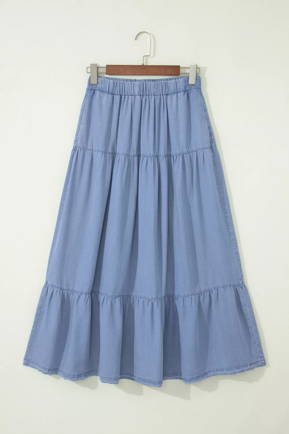 Elastic Waist Ruffled Tiered Flared Denim Maxi Skirt, image 5