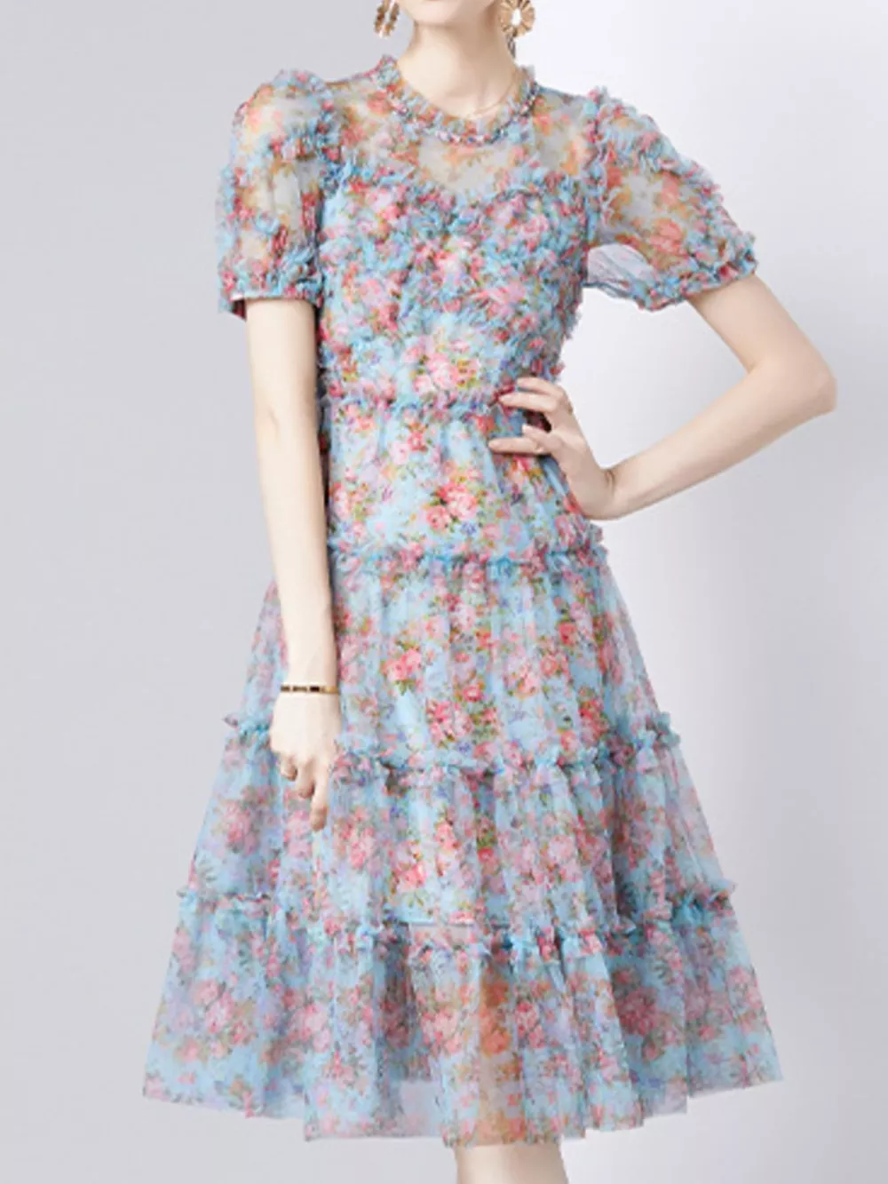 Frill Floral Print Short Sleeve Dress, image 7