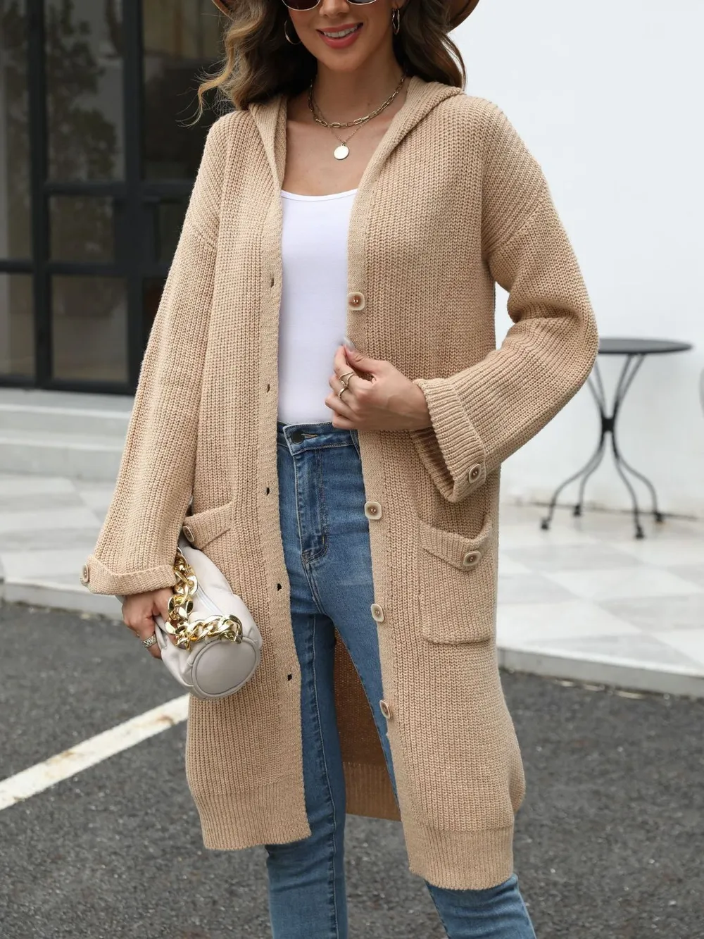 Pocketed Button Up Long Sleeve Hooded Cardigan, image 3
