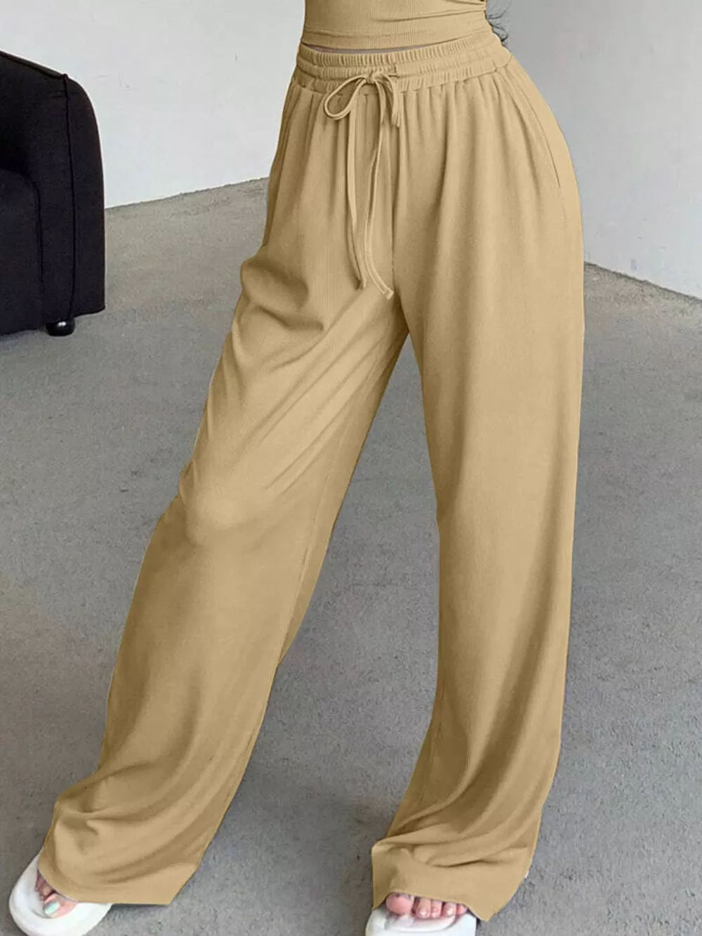 Solid Color Short Sleeve Crop Top and Wide Leg Pants Set, image 7