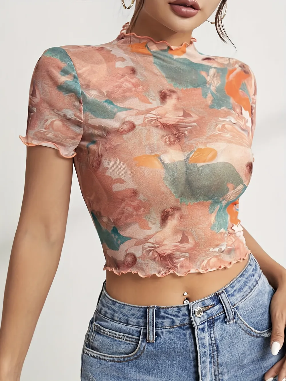 Abstract Print Ruffled Mock Neck Crop T-Shirt, image 3