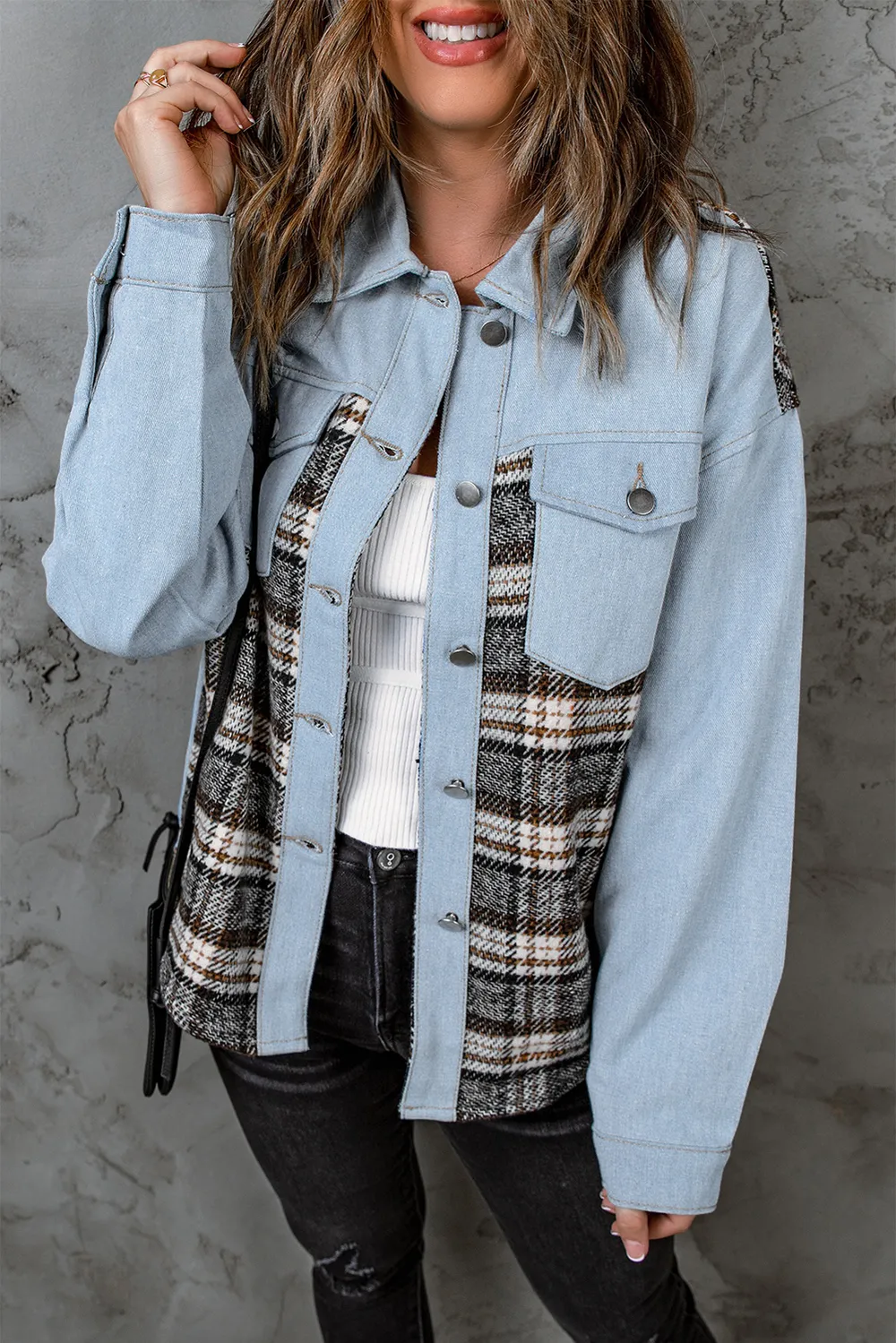 Plaid Pocketed Button Up Denim Jacket, image 6